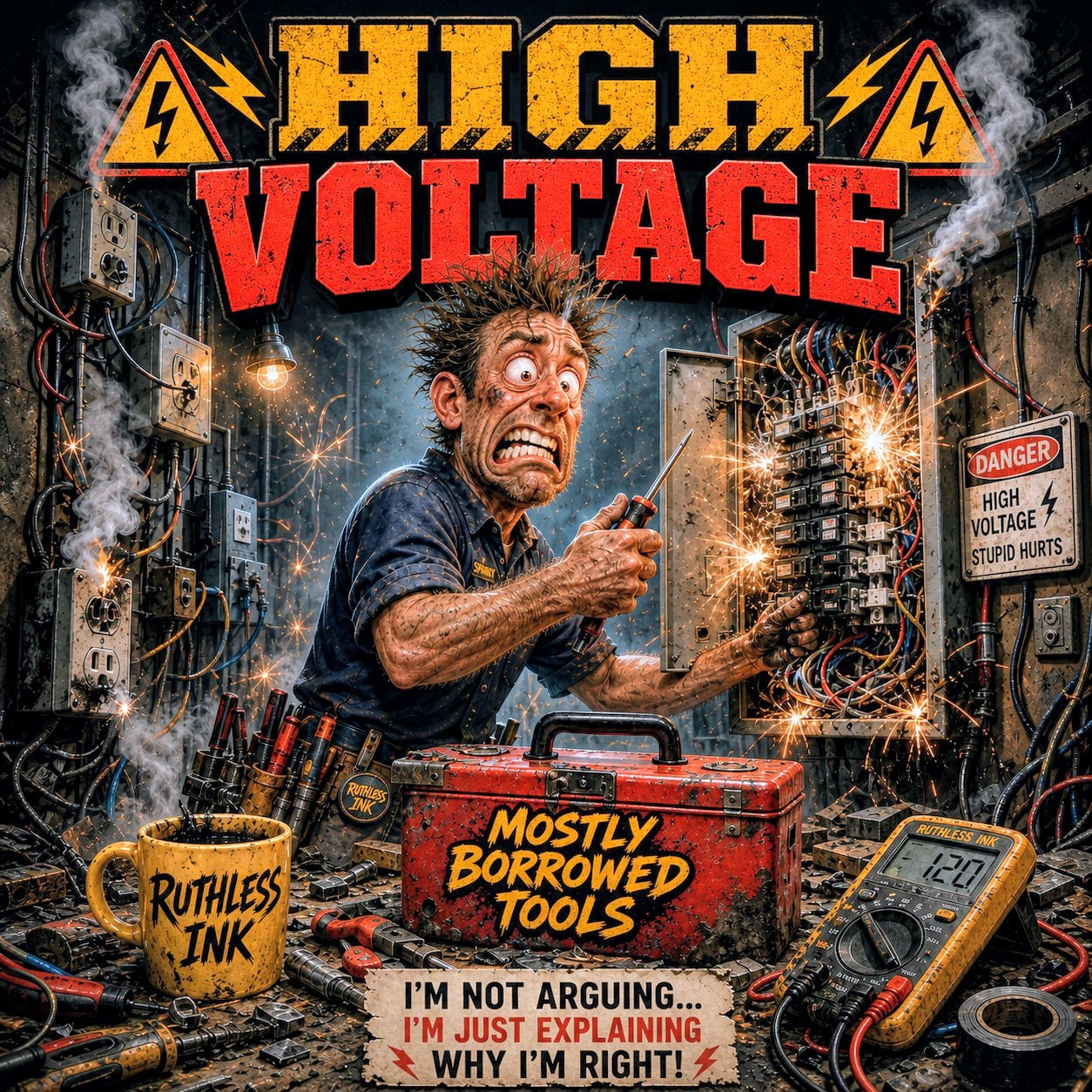 Funny electrician shirts and sarcastic electrician gifts by Ruthless Ink, featuring High Voltage art for electricians, apprentices, and trade humor fans.