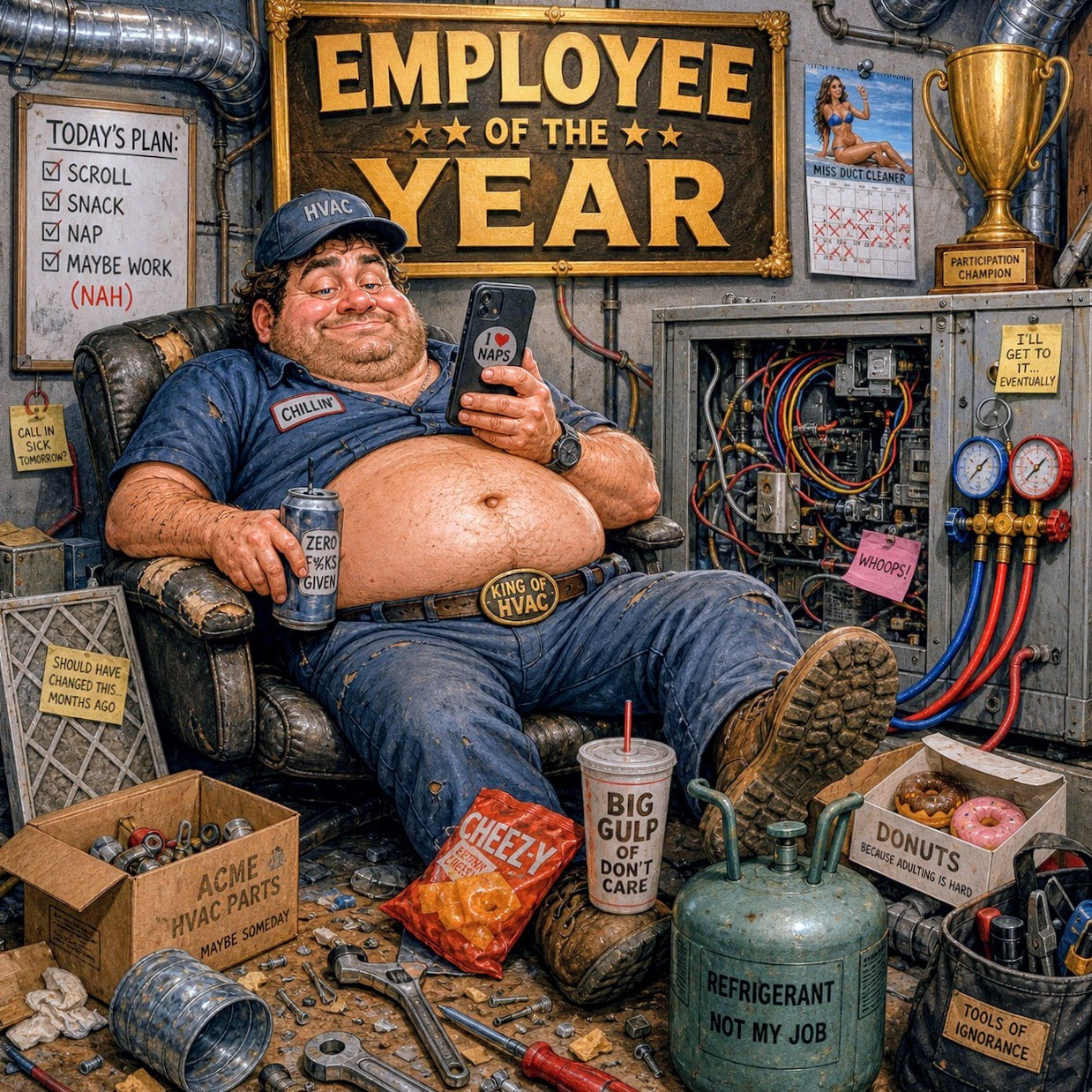 Funny HVAC shirts and sarcastic HVAC technician gifts by Ruthless Ink, featuring lazy tech comic art for trade humor apparel and funny worker gifts.