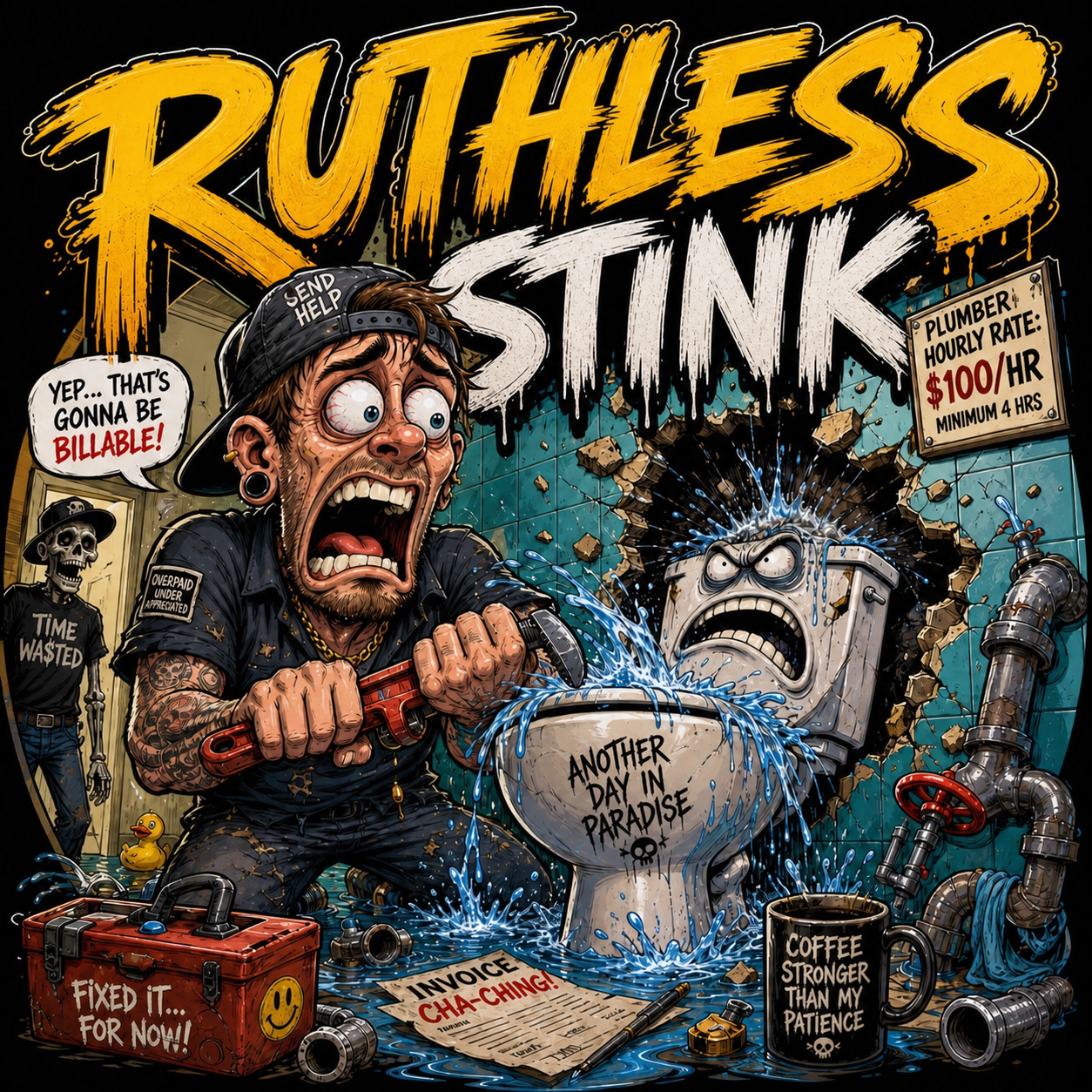 Sarcastic plumber humor graphic by Ruthless Ink titled "Ruthless Stink." Dark comic art of a grime-covered worker battling chaotic pipe leaks and a $100/HR plumber hourly rate sign. Perfect for funny plumber shirts and unique plumber gifts.