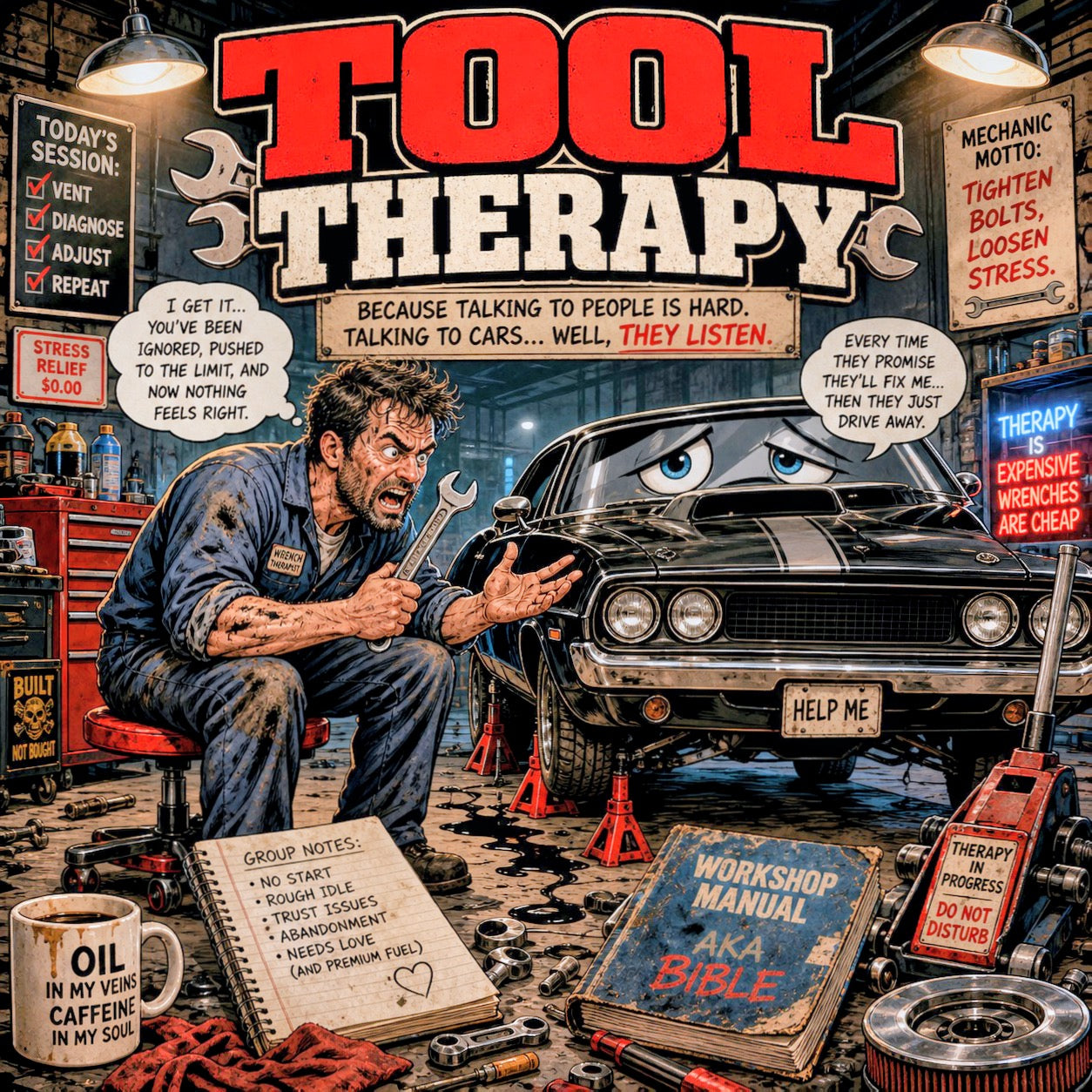 Funny mechanic shirts and mechanic humor gifts by Ruthless Ink, featuring Tool Therapy art for auto repair apparel and car lover gifts.