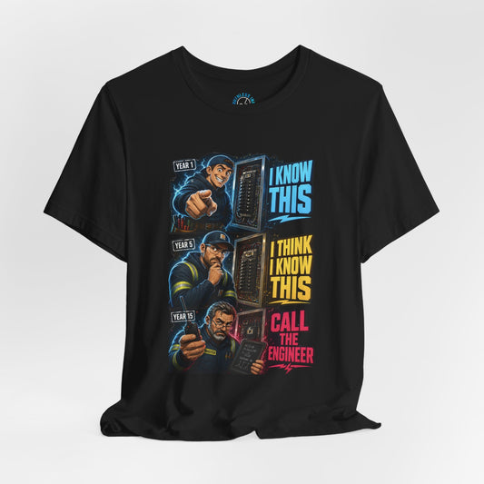 Funny electrician shirt showing the confidence, doubt, and call the engineer comic design
