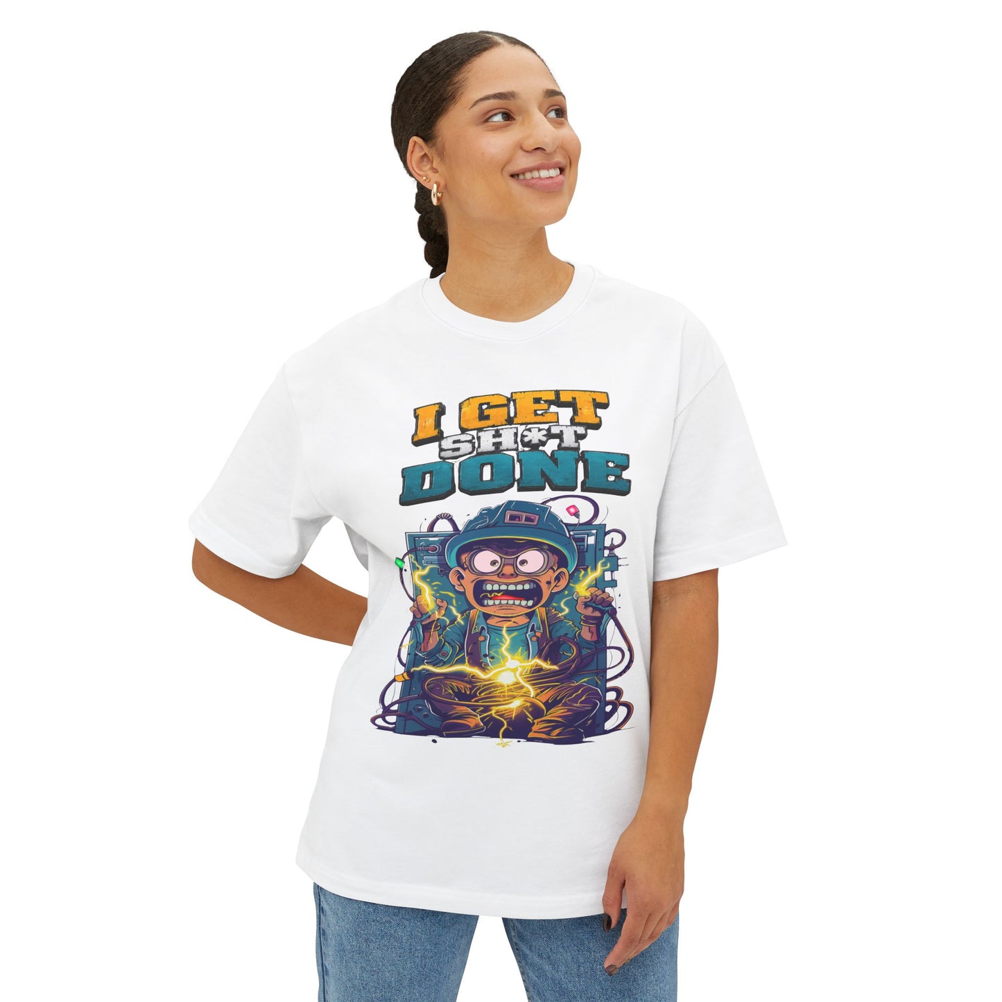 I Get Shit Done Shirt — Funny Apprentice Electrician Graphic Tee, Vintage Cartoon Boxy Streetwear T-Shirt