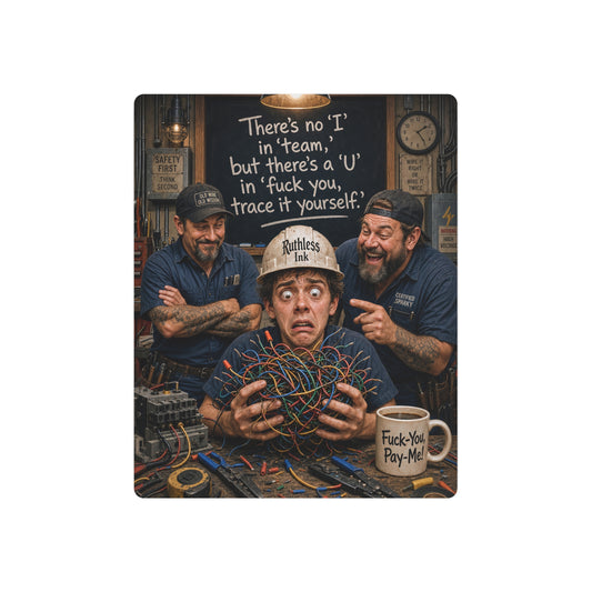 Funny electrician metal wall art sign with ruthless No I in Team workshop humor