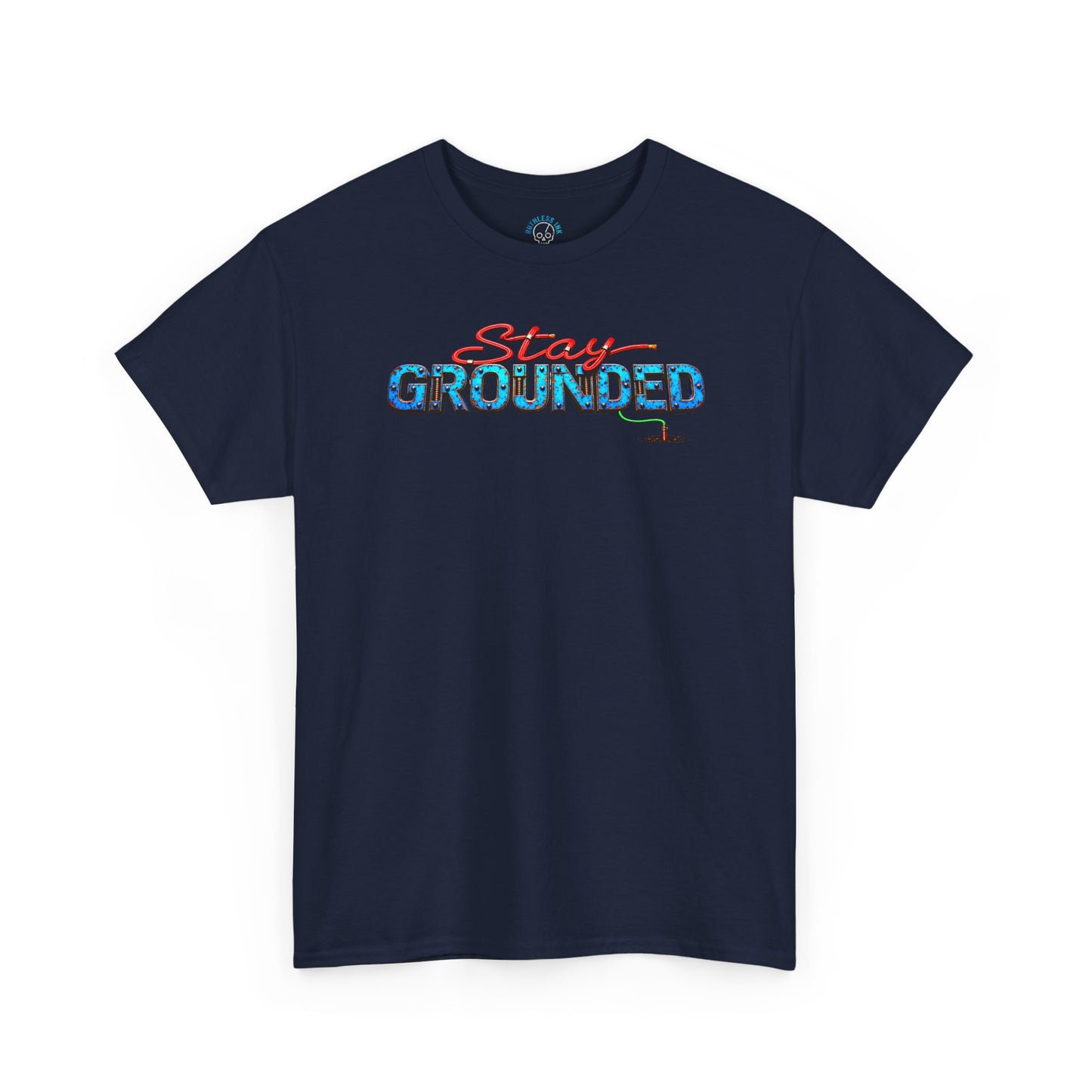 Navy blue funny electrician t-shirt for men with red wire text spelling Stay and a rusted blue metal graphic for Grounded on the T-shirts navy blue color.